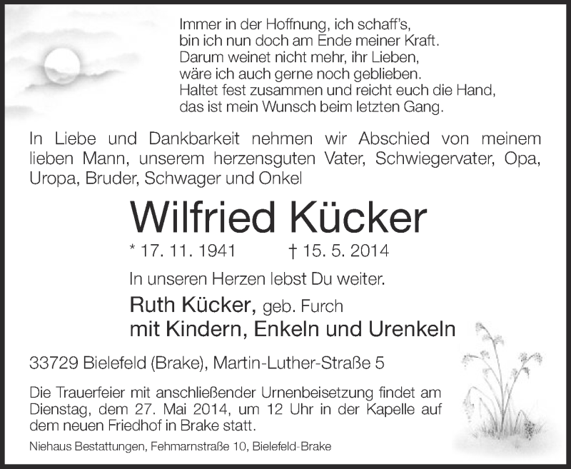  Traueranzeige für Wilfried Kücker vom 17.05.2014 aus Neue Westfälische
