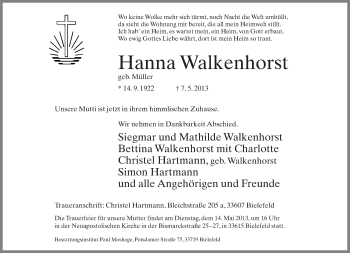 Traueranzeige von Hanna Walkenhorst von Neue Westfälische
