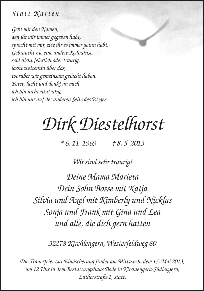  Traueranzeige für Dirk Diestelhorst vom 11.05.2013 aus Neue Westfälische