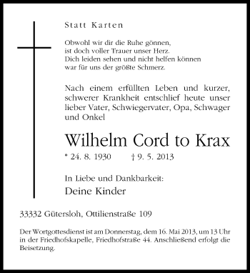 Traueranzeige von Wilhelm Cord to Krax von Neue Westfälische