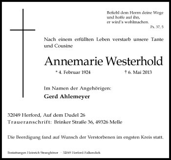 Traueranzeige von Annemarie Westerhold von Neue Westfälische