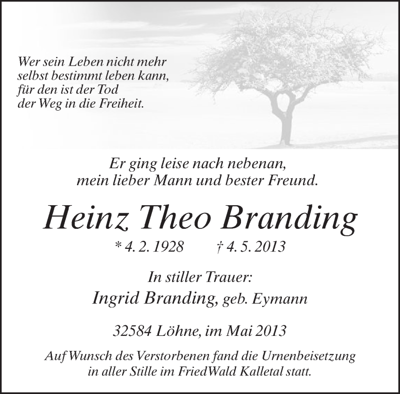  Traueranzeige für Heinz Theo Branding vom 15.05.2013 aus Neue Westfälische