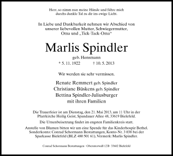Traueranzeige von Marlis Spindler von Neue Westfälische