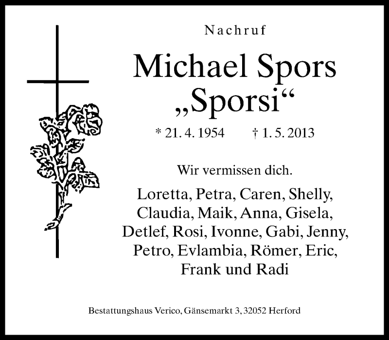  Traueranzeige für Michael Spors vom 18.05.2013 aus Neue Westfälische