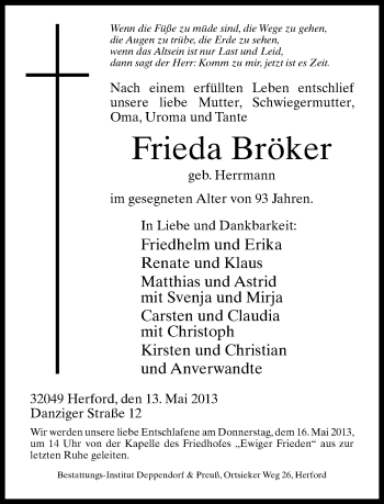 Traueranzeige von Frieda Bröker von Neue Westfälische