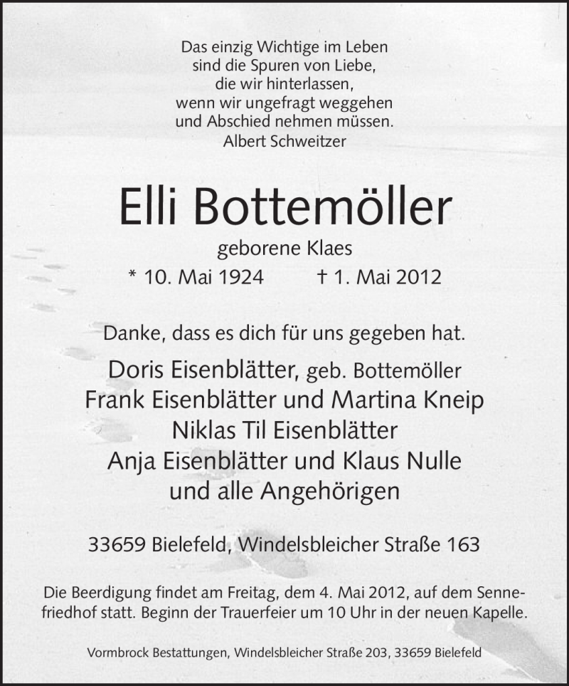  Traueranzeige für Elli Bottemöller vom 03.05.2012 aus Neue Westfälische
