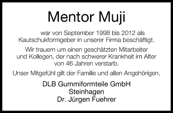 Traueranzeige von Mentor Muji von Neue Westfälische