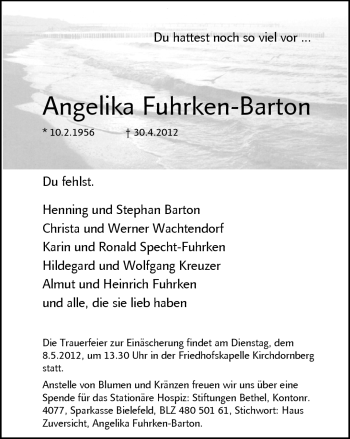 Traueranzeige von Angelika Fuhrken-Barton von Neue Westfälische