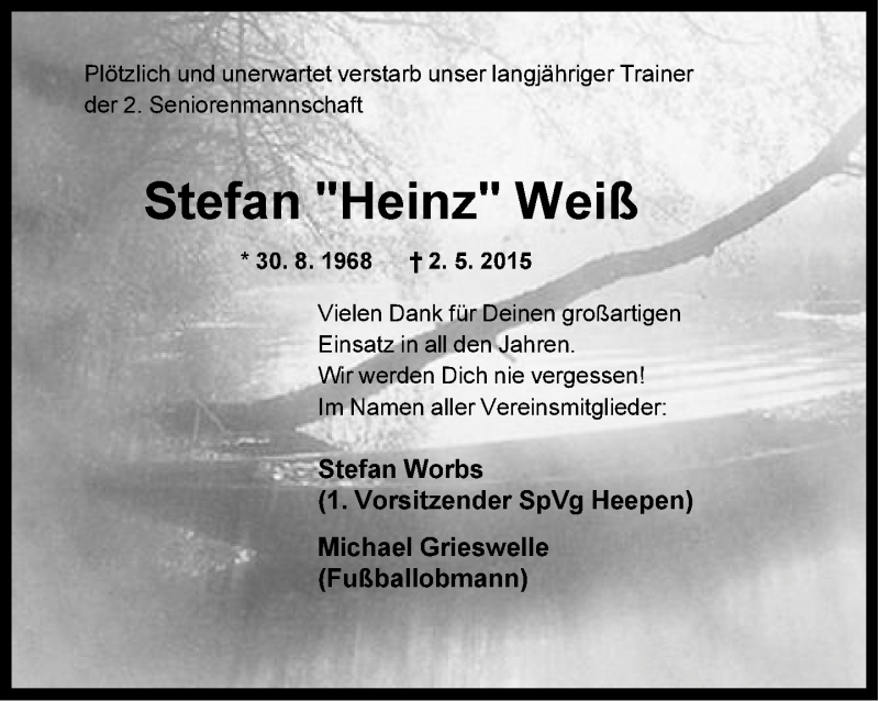  Traueranzeige für Stefan Weiß vom 09.05.2015 aus Neue Westfälische