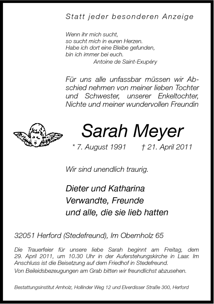  Traueranzeige für Sarah Meyer vom 27.04.2011 aus Neue Westfälische