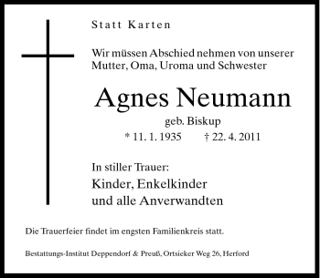 Traueranzeige von Agnes Neumann von Neue Westfälische