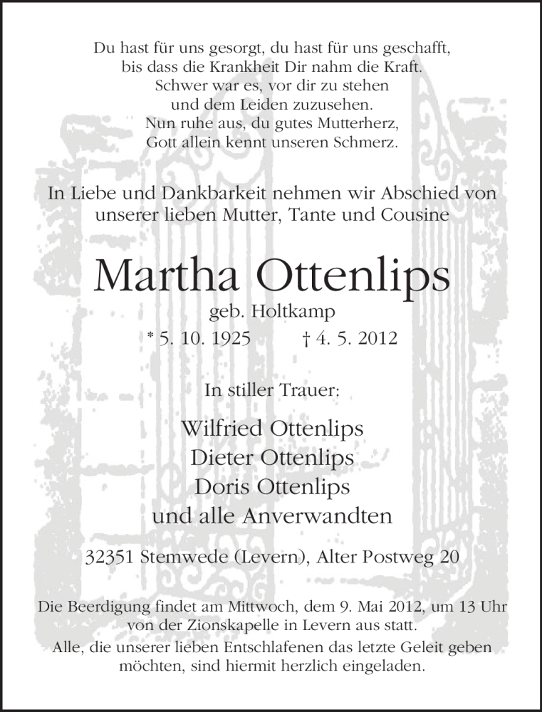  Traueranzeige für Martha Ottenlips vom 07.05.2012 aus Neue Westfälische