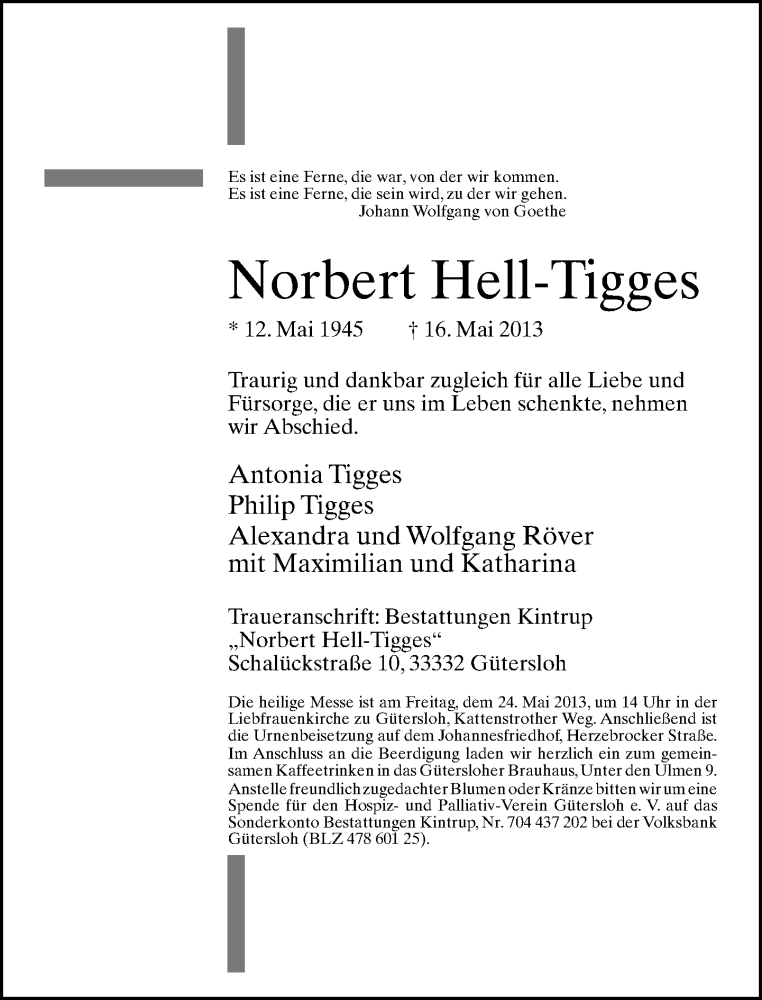  Traueranzeige für Norbert Hell-Tigges vom 18.05.2013 aus Neue Westfälische