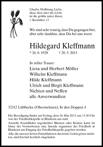 Traueranzeige von Hildegard Kleffmann von Neue Westfälische
