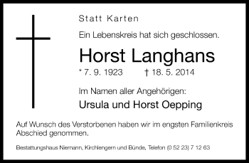 Traueranzeige von Horst Langhans von Neue Westfälische
