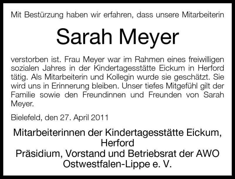  Traueranzeige für Sarah Meyer vom 29.04.2011 aus Neue Westfälische