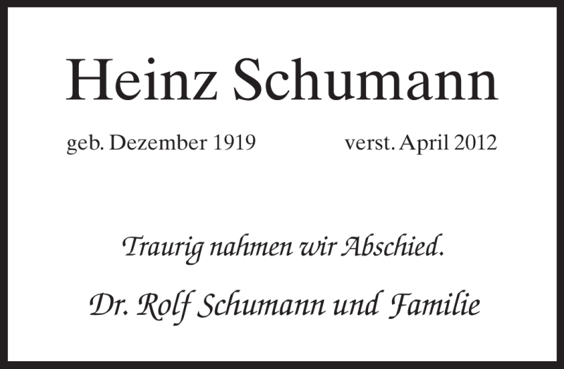  Traueranzeige für Heinz Schumann vom 12.05.2012 aus Neue Westfälische