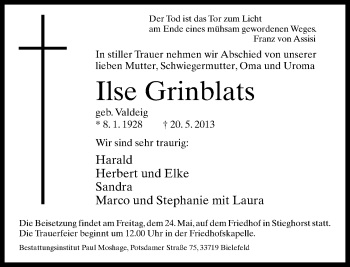 Traueranzeige von Ilse Grinblats von Neue Westfälische