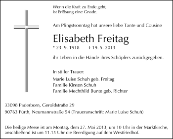 Traueranzeige von Elisabeth Freitag von Neue Westfälische