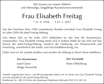 Traueranzeige von Elisabeth Freitag von Neue Westfälische