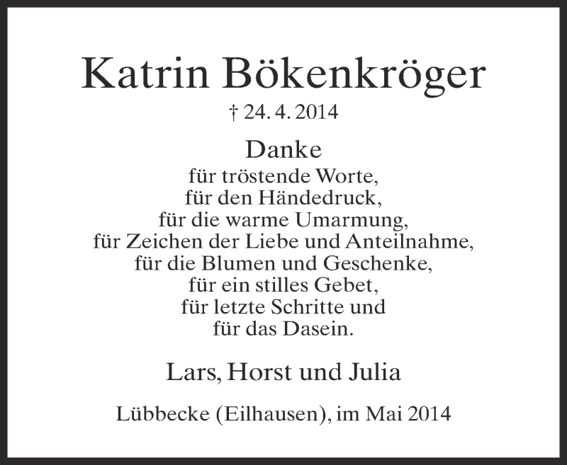  Traueranzeige für Katrin Bökenkröger vom 31.05.2014 aus Neue Westfälische