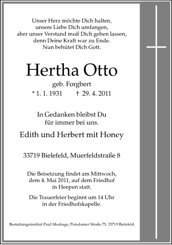 Traueranzeige von Hertha Otto von Neue Westfälische