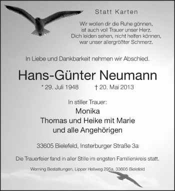 Traueranzeige von Hans-Günter Neumann von Neue Westfälische