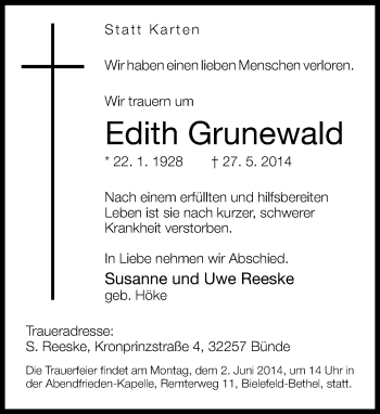 Traueranzeige von Edith Grunewald von Neue Westfälische