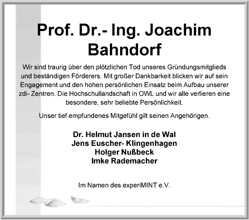  Traueranzeige für Joachim Bahndorf vom 27.05.2013 aus Neue Westfälische