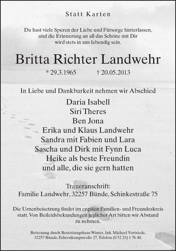 Traueranzeige für Britta Richter Landwehr vom 28.05.2013 aus Neue Westfälische