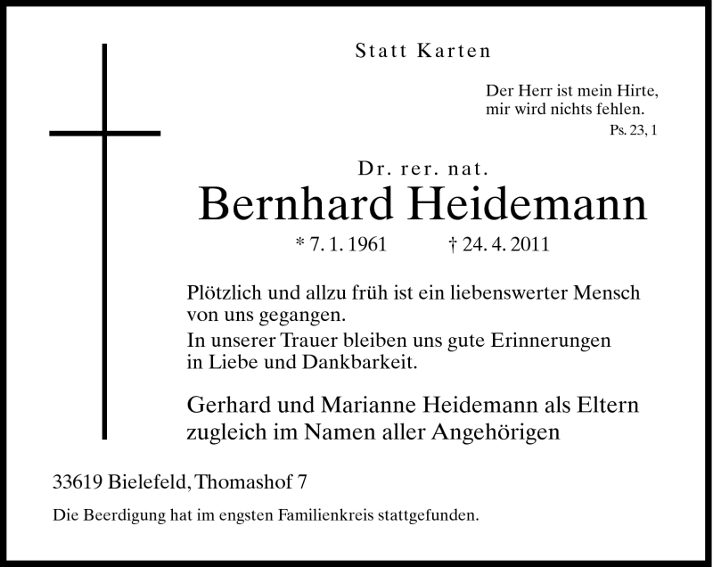  Traueranzeige für Bernhard Heidemann vom 04.05.2011 aus Neue Westfälische