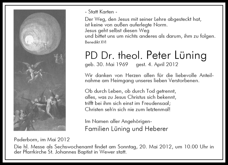  Traueranzeige für Peter Lüning vom 12.05.2012 aus Neue Westfälische