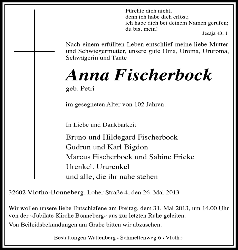  Traueranzeige für Anna Fischerbock vom 28.05.2013 aus Neue Westfälische