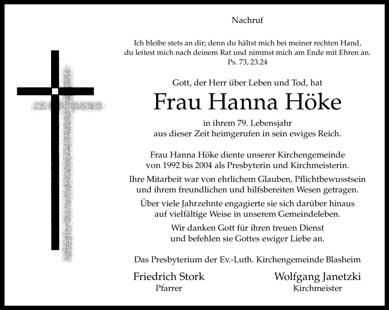  Traueranzeige für Hanna Höke vom 14.05.2012 aus Neue Westfälische