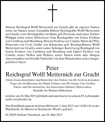 Traueranzeige von Peter Reichsgraf Wolff Metternich zur Gracht von Neue Westfälische