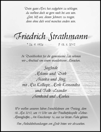 Traueranzeige von Friedrich Strathmann von Neue Westfälische