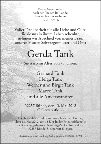 Traueranzeige von Gerda Tank von Neue Westfälische