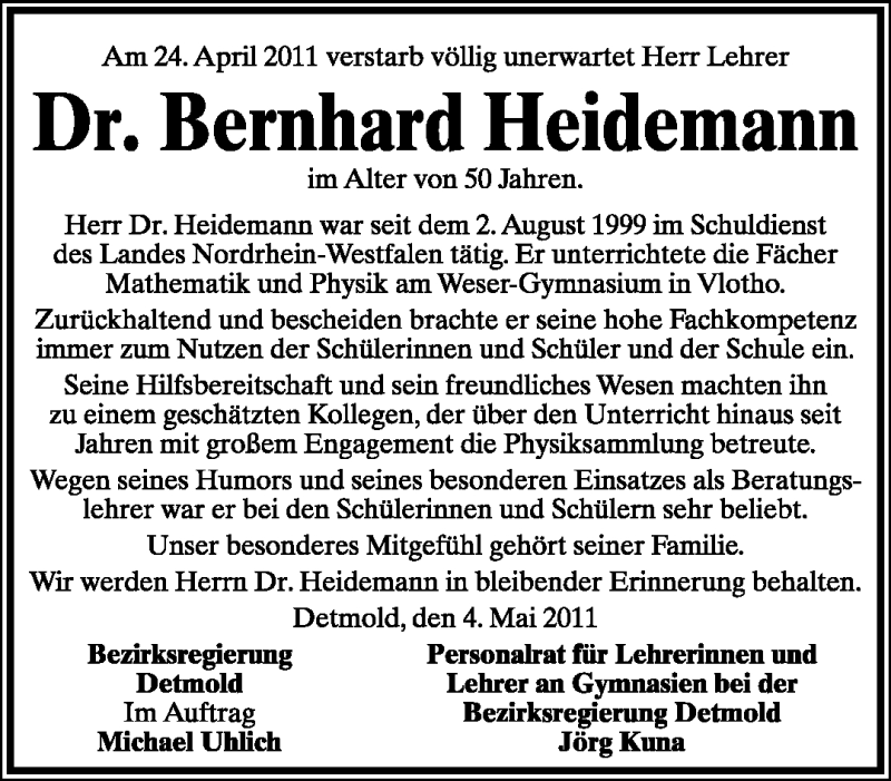  Traueranzeige für Bernhard Heidemann vom 07.05.2011 aus Neue Westfälische