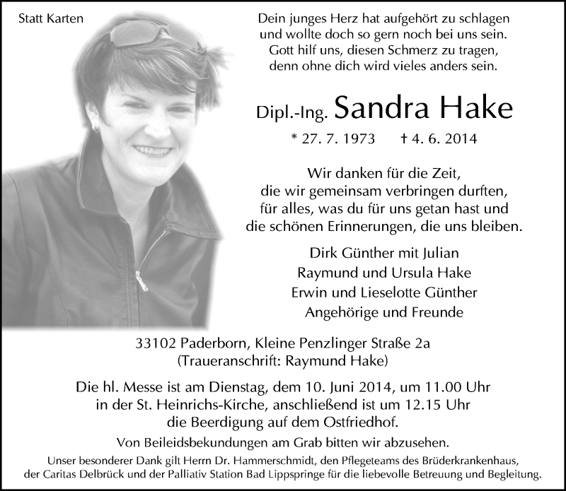  Traueranzeige für Sandra Hake vom 06.06.2014 aus Neue Westfälische