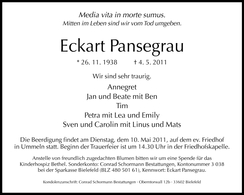  Traueranzeige für Eckart Pansegrau vom 07.05.2011 aus Neue Westfälische