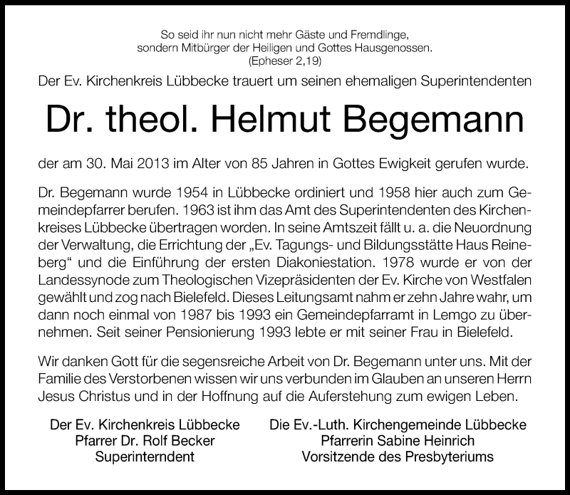  Traueranzeige für Helmut Begemann vom 01.06.2013 aus Neue Westfälische