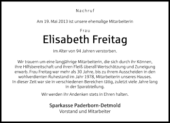 Traueranzeige von Elisabeth Freitag von Neue Westfälische