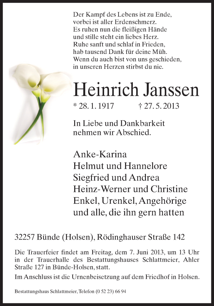  Traueranzeige für Heinrich Janssen vom 01.06.2013 aus Neue Westfälische