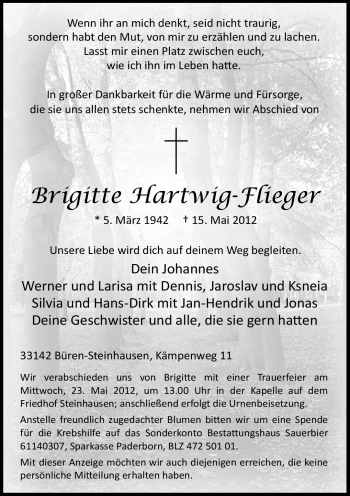 Traueranzeige von Brigitte Hartwig-Flieger von Neue Westfälische