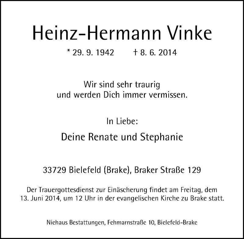  Traueranzeige für Heinz-Hermann Vinke vom 10.06.2014 aus Neue Westfälische
