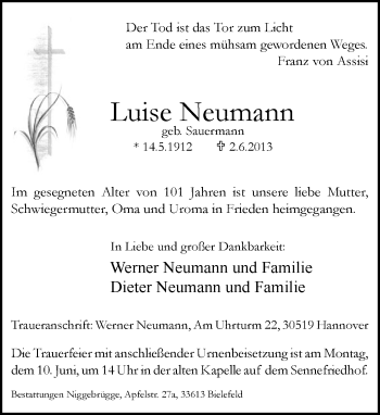 Traueranzeige von Luise Neumann von Neue Westfälische