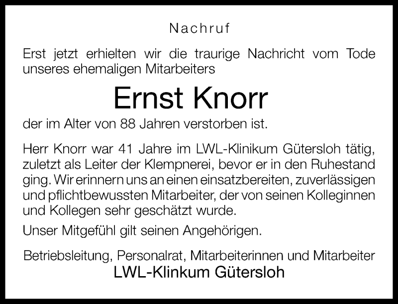  Traueranzeige für Ernst Knorr vom 11.06.2014 aus Neue Westfälische