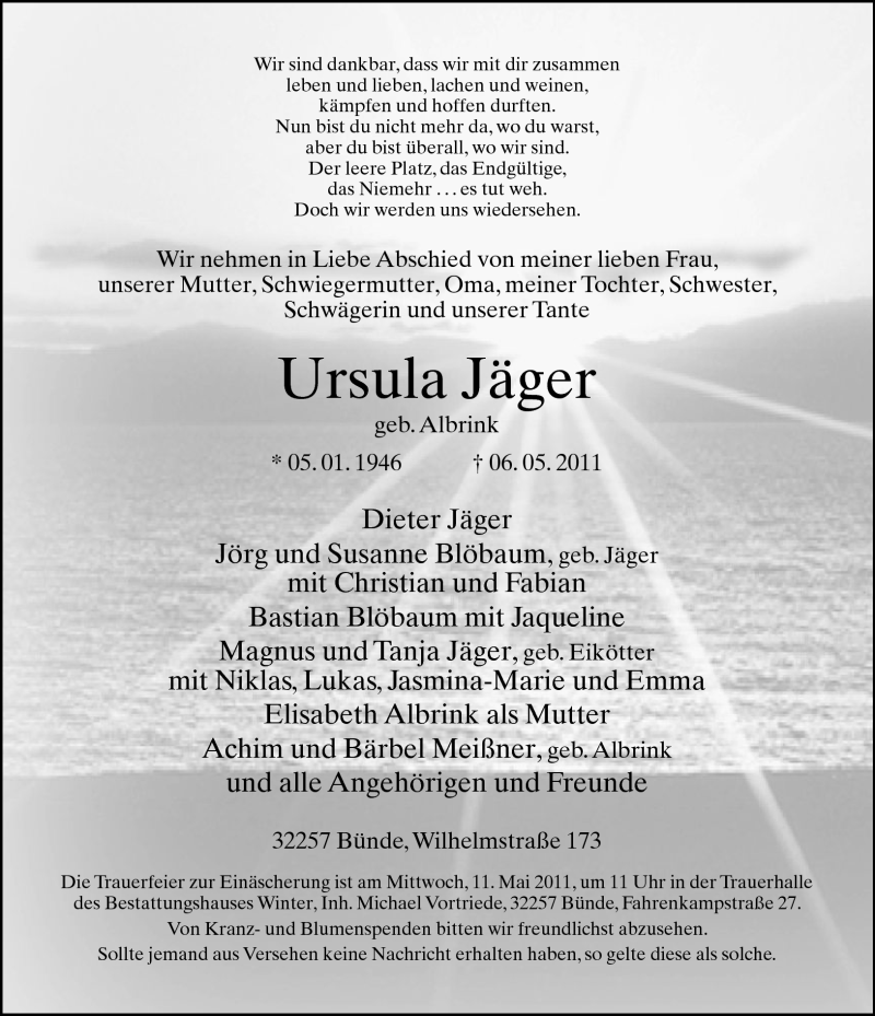  Traueranzeige für Ursula Jäger vom 09.05.2011 aus Neue Westfälische