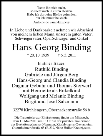 Traueranzeige von Hans-Georg Binding von Neue Westfälische