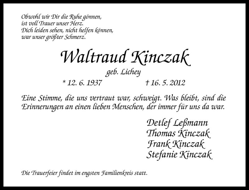 Traueranzeige für Waltraud Kinczak vom 19.05.2012 aus Neue Westfälische
